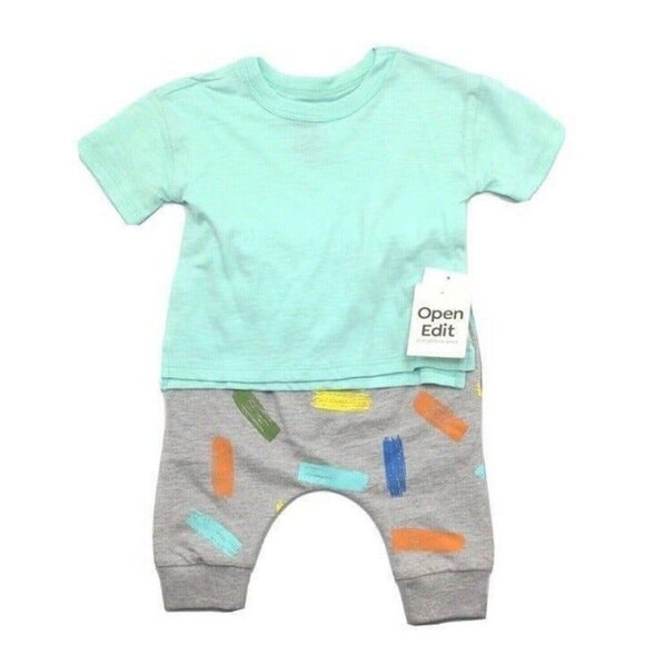 Open Edit Nordstrom Baby Boy Clothes Top & Pants Set 6 Mo Green Multicolor NEW - Picture 2 of 9